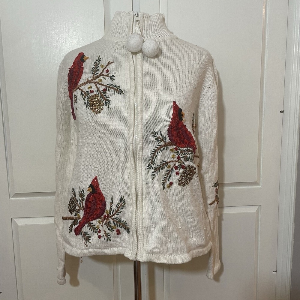 Tiara International Sweater Jacket Women M P  Ivory Cotton Knit‎ Sequin Full-Zip